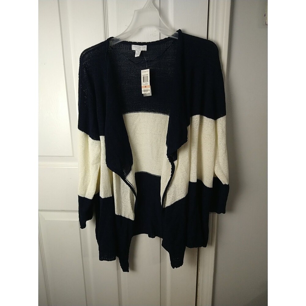 Charter Club Woman 2X Nautical Striped Blue Cream Waterfall Cardigan Sweater
